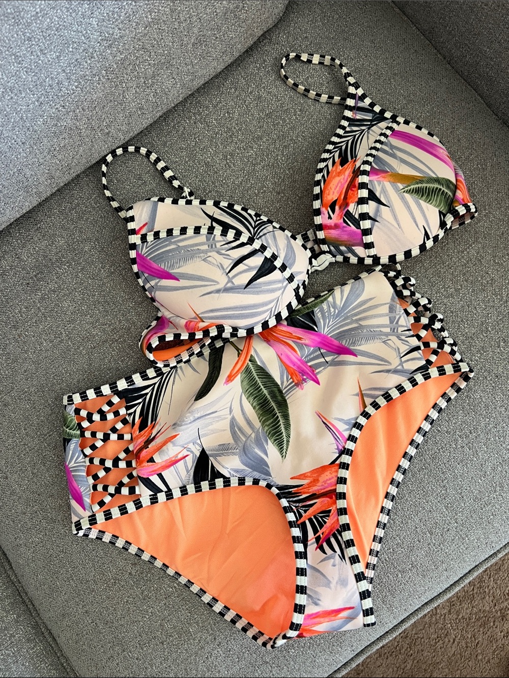 BODY GLOVE Tropical Floral High Waisted Bikini Cream, Orange & Pink ~ XS Small